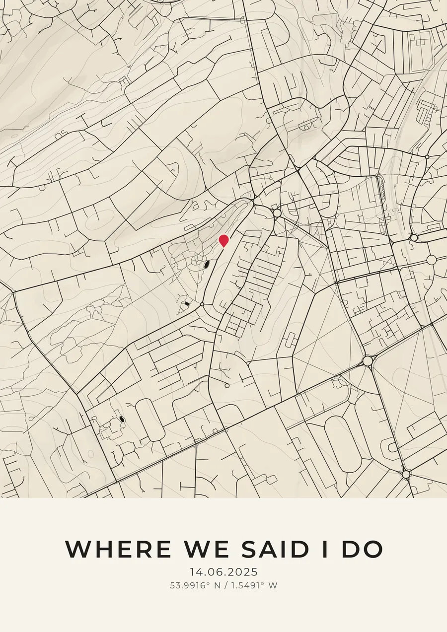 A map artwork of Harrogate across the top of the sheet, with a pin on the wedding venue and the words Where we said I do and a wedding date on the paper beneath.