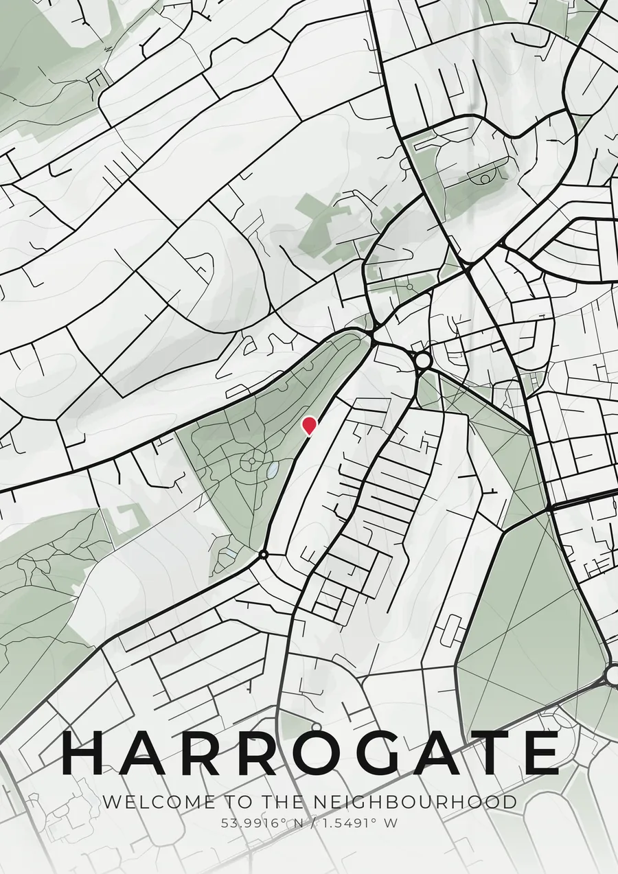 A map artwork of a few streets in Harrogate running to the edges of the sheet, with a pin on one house and the words Welcome to the neighbourhood.