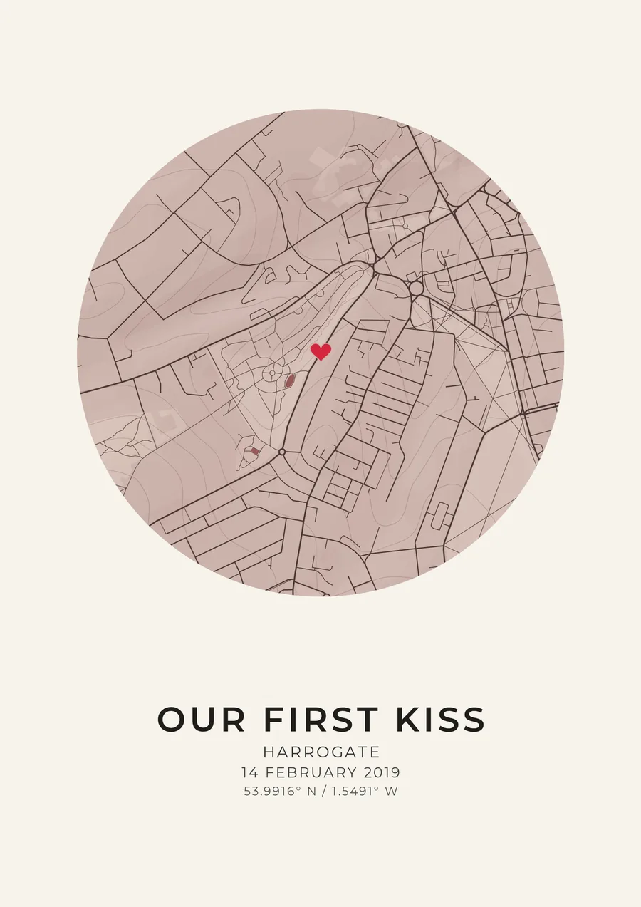 A map artwork of the middle of Harrogate drawn as a circle, with a red heart on one spot and the words Our first kiss and a date beneath it.