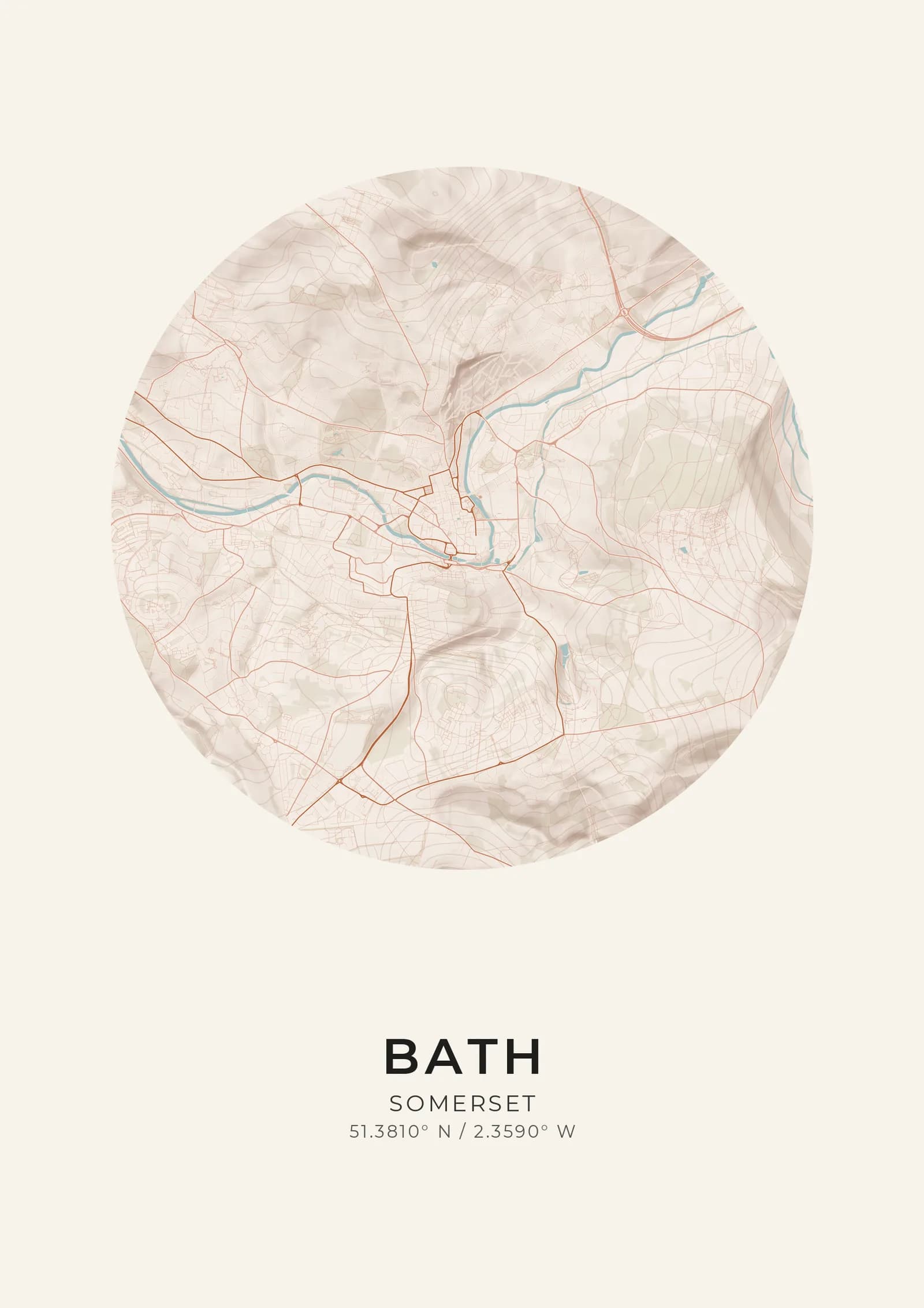 A map artwork of Bath, Somerset: the River Avon curving through the city inside a circle, drawn in soft terracotta and slate on warm cream paper, with the hills either side shaded as landform.