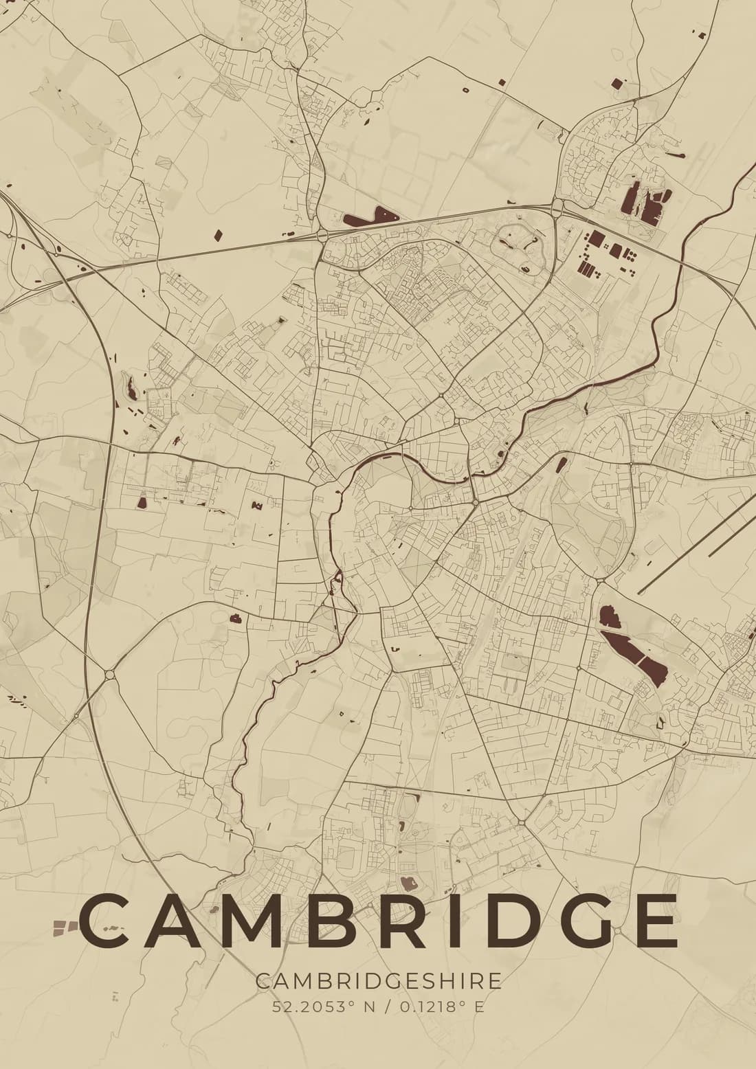 A map artwork of Cambridge: the city drawn in brown ink on aged parchment, edge to edge, with the college buildings picked out as deep red blocks along the river.