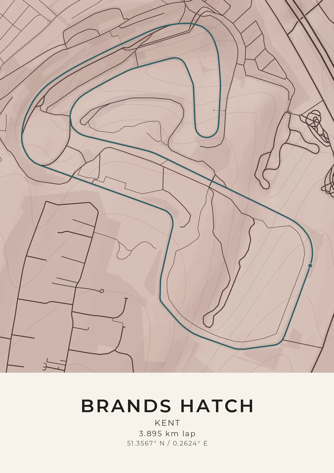 A map artwork of Brands Hatch in Kent: the full lap drawn in deep teal, the short loop tucked inside it and the longer lap swinging out to the south, over rose-pink ground with the hillside contours and the surrounding roads in dark lines.