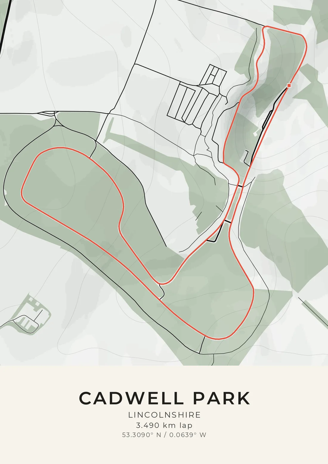 A map artwork of Cadwell Park in the Lincolnshire Wolds: the narrow lap drawn in red, climbing through green woods and a steep wooded valley shaded in relief, on pale grey.