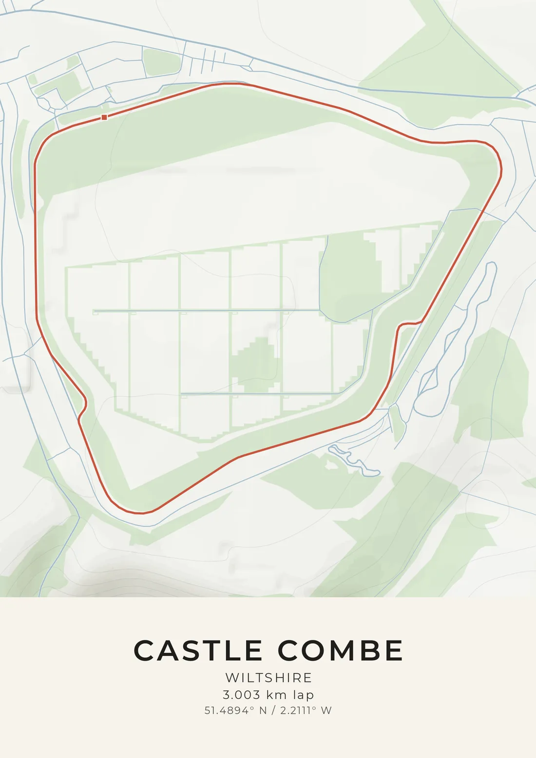 A map artwork of Castle Combe in Wiltshire: the lap drawn in red around the edge of the old airfield, on pale grey-white with green woods, a stream along one side and fields inside the loop.