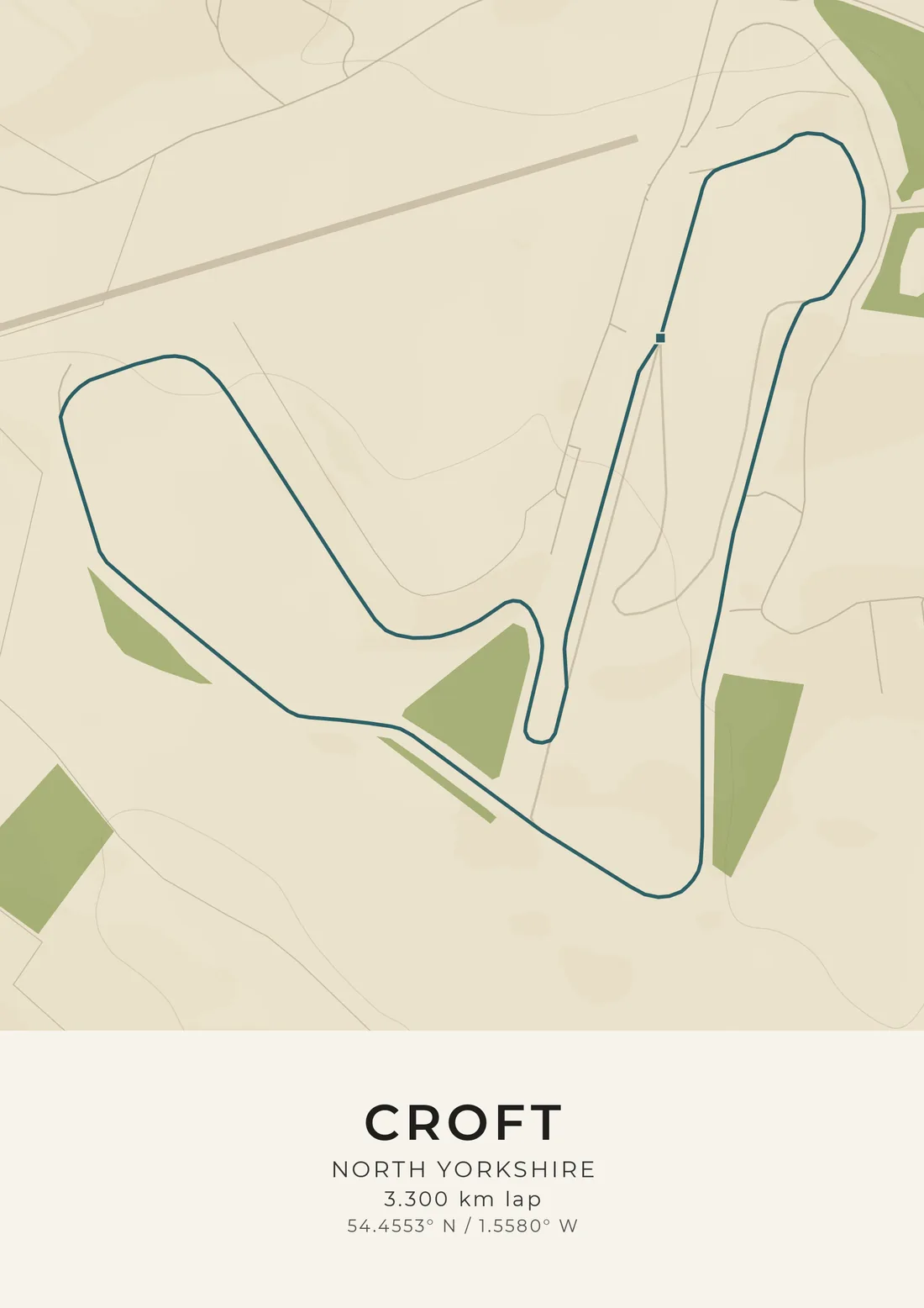 A map artwork of Croft in North Yorkshire: the lap drawn in dark teal on cream, its hairpin and long sweeping curves laid over the line of an old runway, with green fields at its edges.