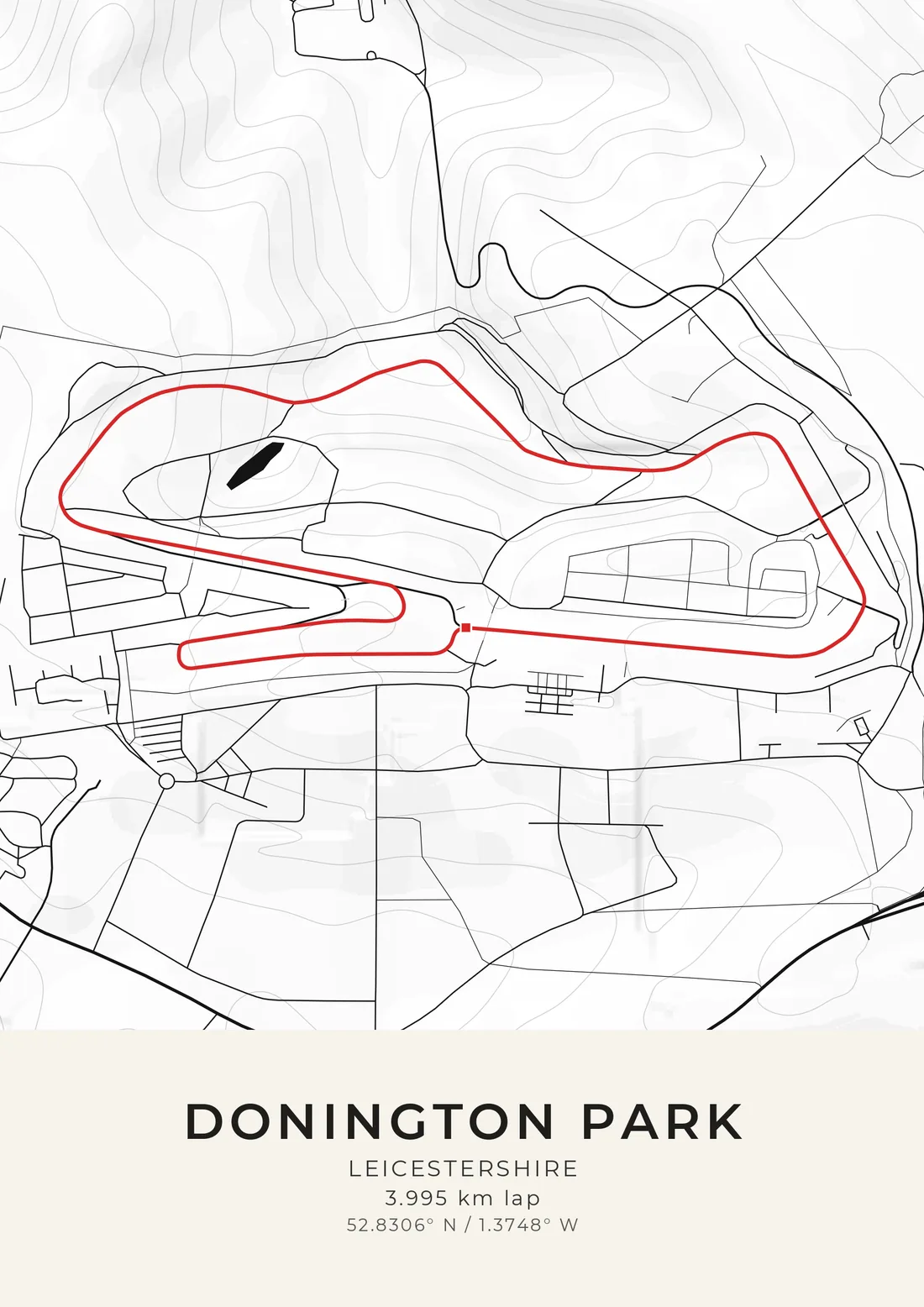 A map artwork of Donington Park: the long, narrow lap drawn in red across the parkland, with the hairpin loop at one end, a small pond in the infield and the roads and contours of the Leicestershire countryside in fine black lines on white.