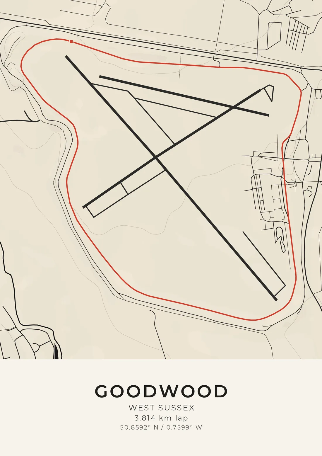 A map artwork of Goodwood in West Sussex: the lap drawn in red around the perimeter of the airfield, with its crossing runways drawn boldly in black inside it, on ivory.