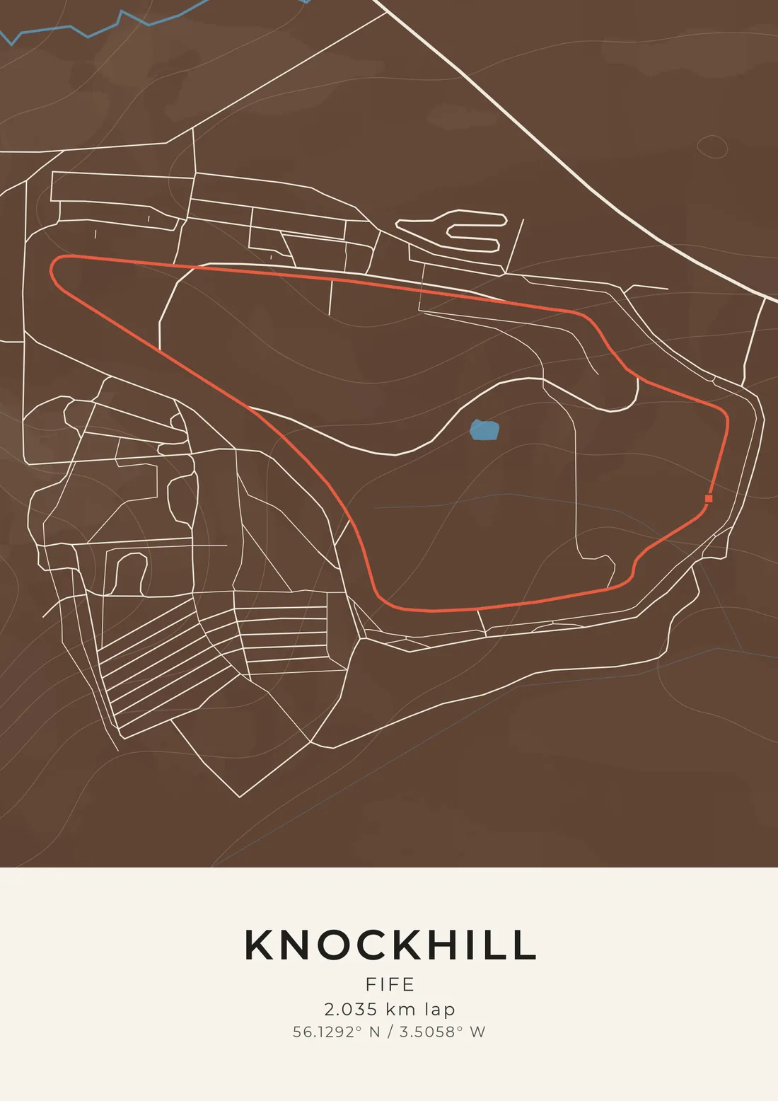 A map artwork of Knockhill in Fife: the short lap drawn in red on deep brown, with a small blue pond in the infield and the paddock roads and hillside tracks around it in cream.