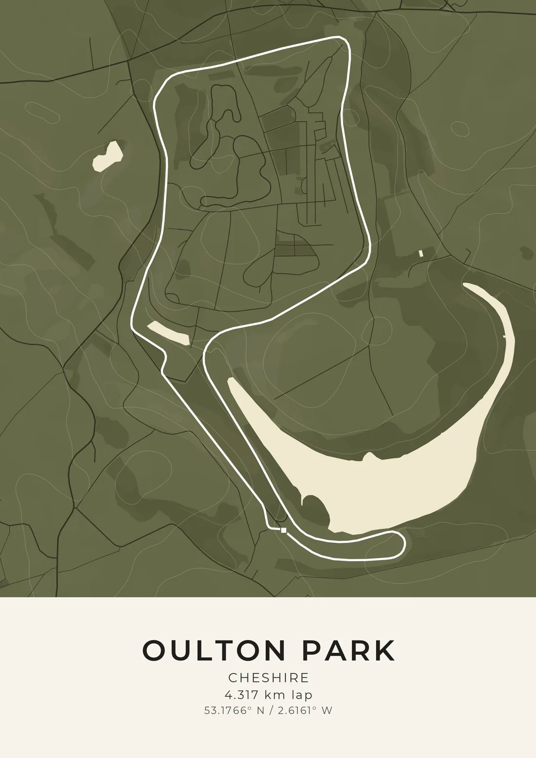 A map artwork of Oulton Park in Cheshire: the lap drawn in white on olive green, wrapped around the estate's long curved lake, with the woods and lanes of the park around it.