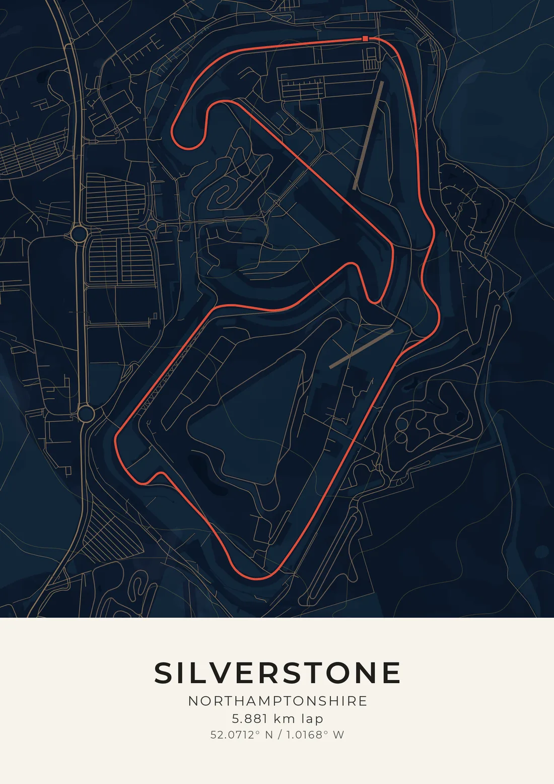 A map artwork of Silverstone: the lap drawn in coral red on midnight blue, with the old wartime runways still showing faintly inside it and the campsites, car parks and roundabouts around the edge.