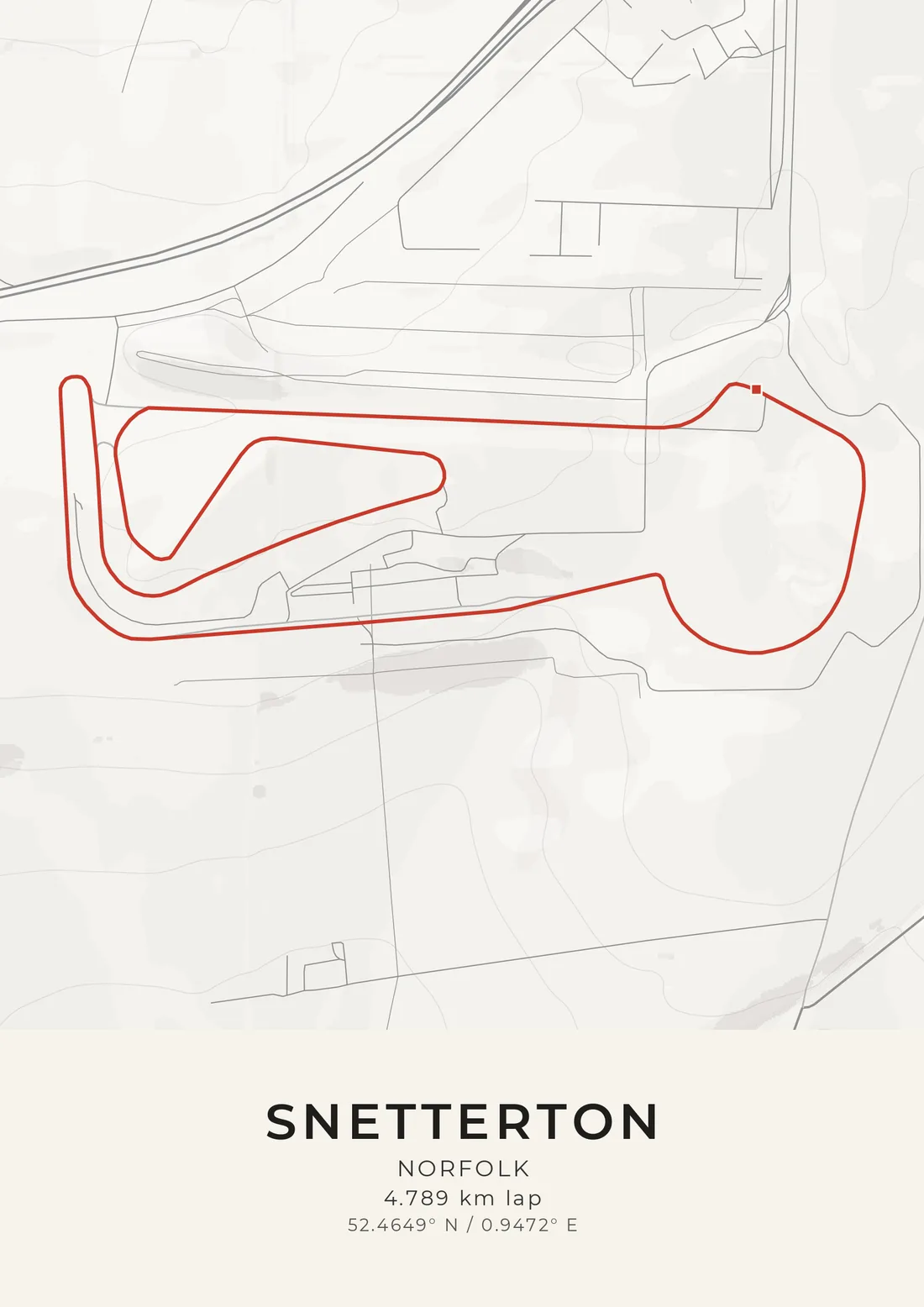 A map artwork of Snetterton in Norfolk: the lap drawn in red on soft grey, a long straight with a tight loop folded inside it, and the dual carriageway of the A11 running past the top corner.