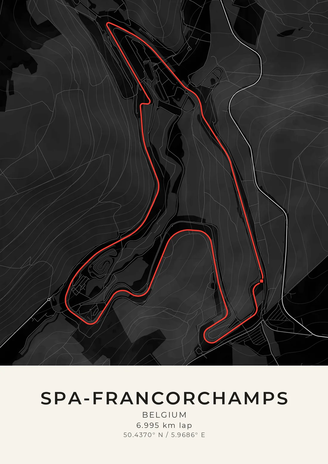 A map artwork of Spa-Francorchamps in the Ardennes: the long lap drawn in red on black, plunging down the valley and climbing back through dark forest shaded in relief.