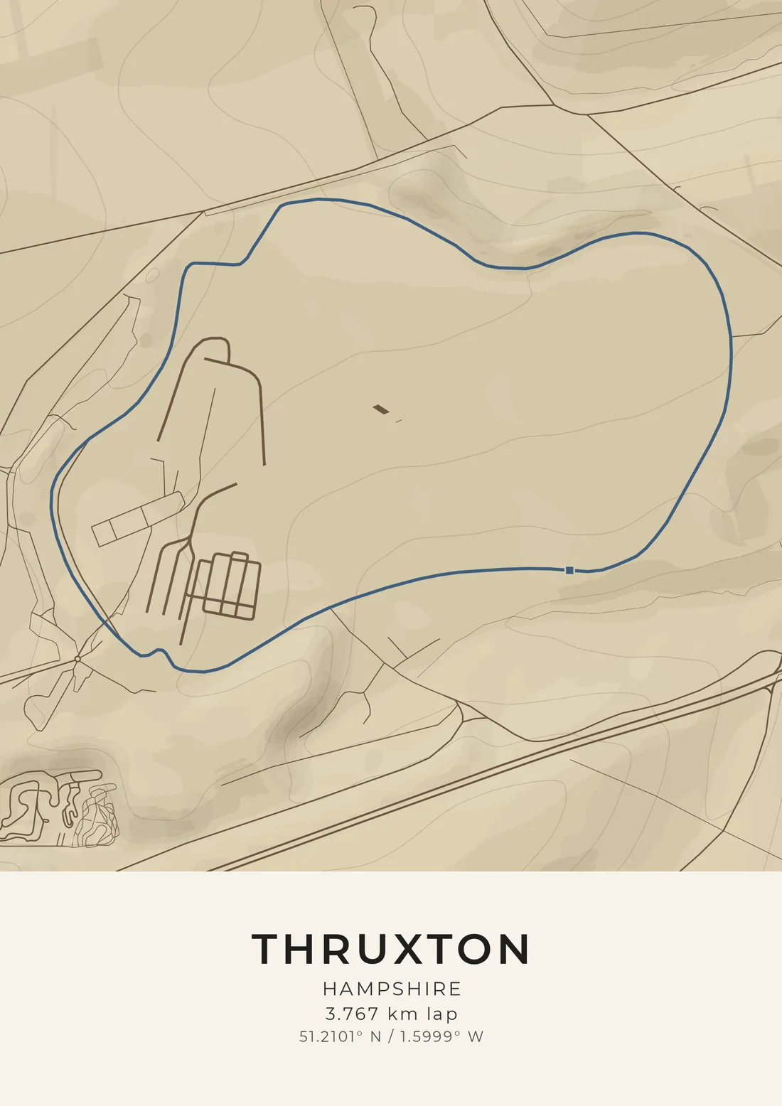 A map artwork of Thruxton in Hampshire: the broad, fast lap drawn in blue around the old airfield, on warm parchment with buildings inside the loop and the rolling hills shaded around it.