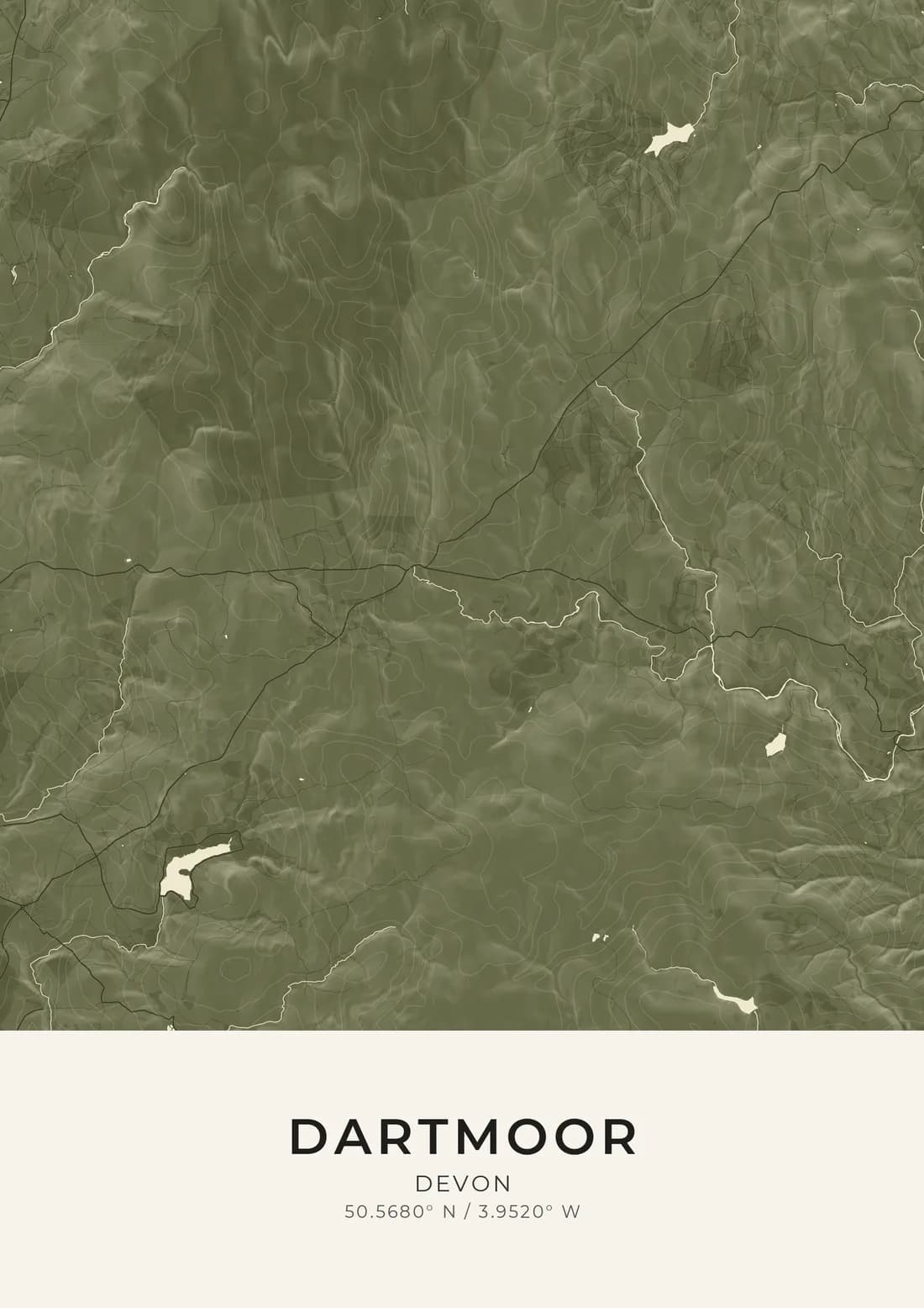 A map artwork of Dartmoor, Devon: open moorland in olive green, its hills and valleys shaded from the elevation model, with a few pale lanes and reservoirs across it and the map filling the full width above a band of plain paper.