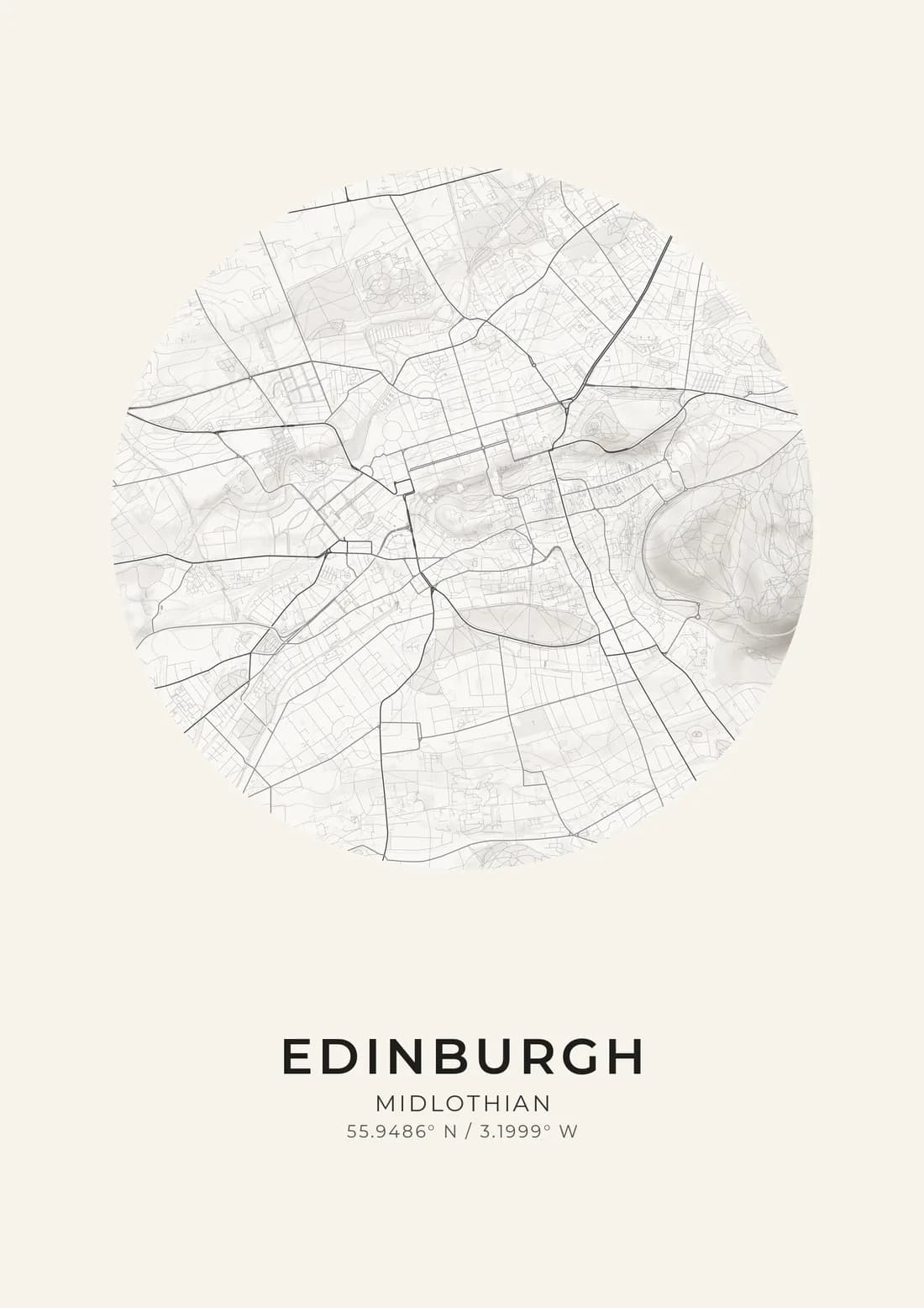 A map artwork of Edinburgh: the Old and New Town street network drawn as fine grey linework inside a circle on near-white paper, with Arthur's Seat rising as soft shaded landform on the right.