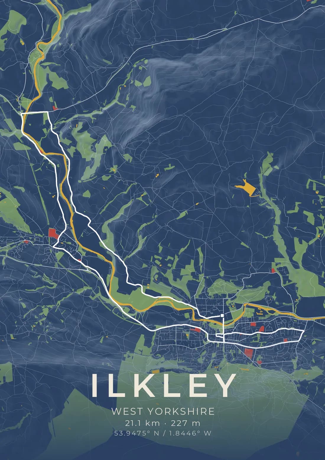A map artwork of a half-marathon route around Ilkley, West Yorkshire: the course drawn as a white line along the River Wharfe and through the town, on deep Prussian blue with the moors shaded above it, and the distance and climb printed beneath.