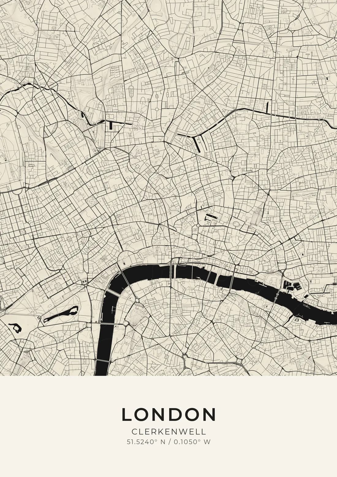 A map artwork of central London around Clerkenwell: fine black linework on ivory paper with the Thames as a solid black band, the map filling the full width above a band of plain paper.