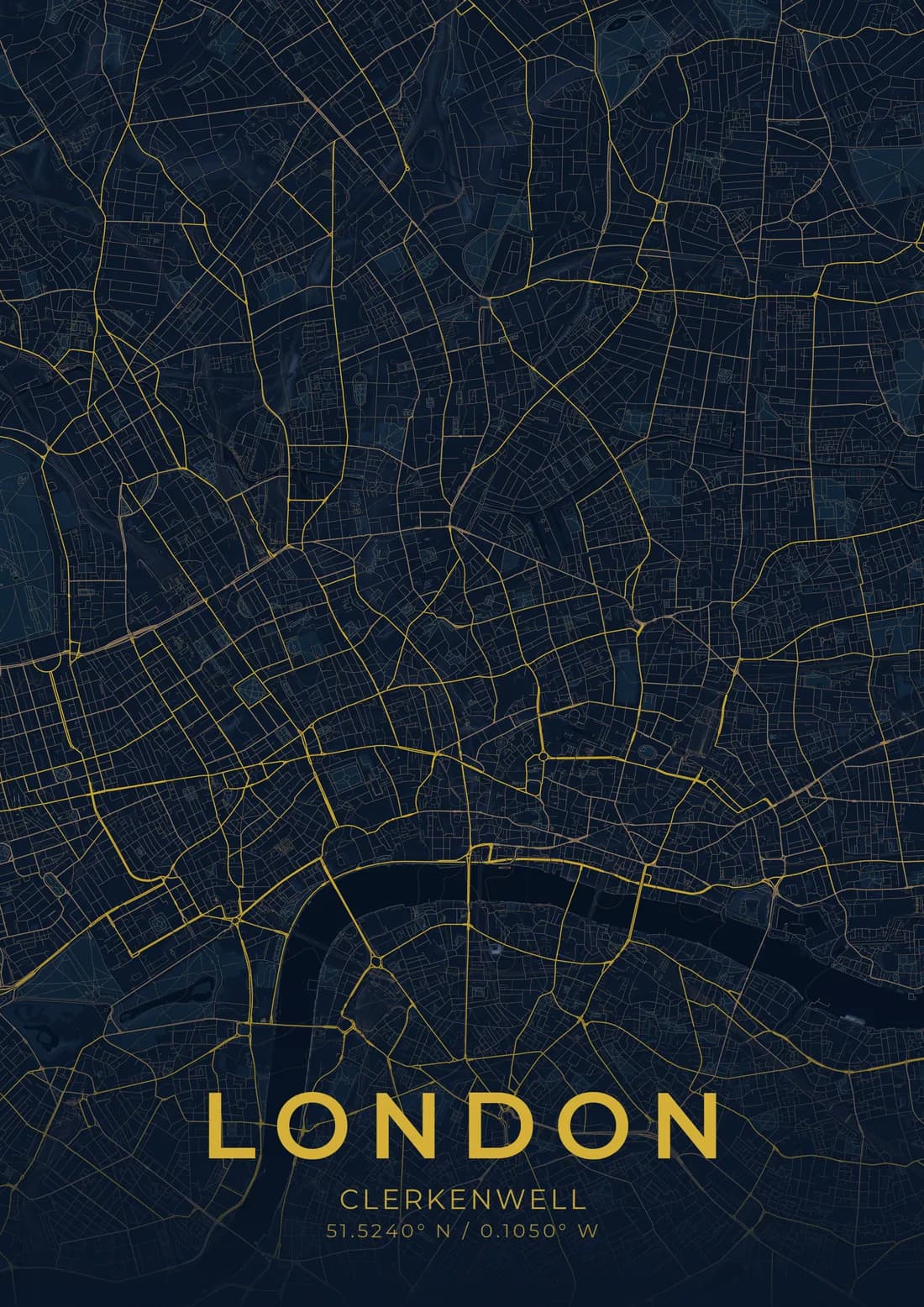 A map artwork of central London around Clerkenwell: the street network drawn in gold on deep navy, edge to edge, with the Thames sweeping across the lower third.