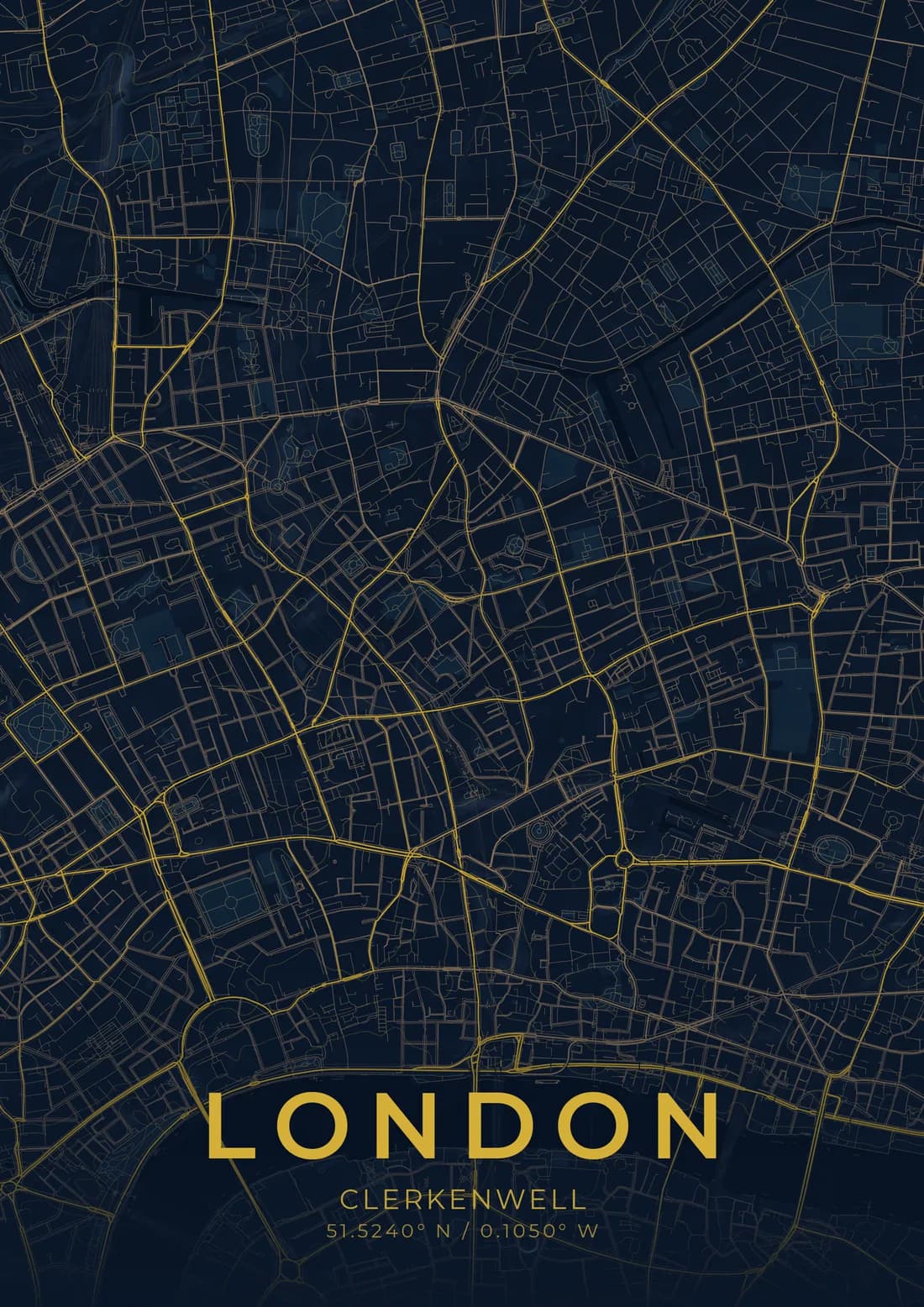 A map artwork of central London around Clerkenwell: the street network drawn in gold on deep navy, edge to edge, with the Thames sweeping across the lower third.