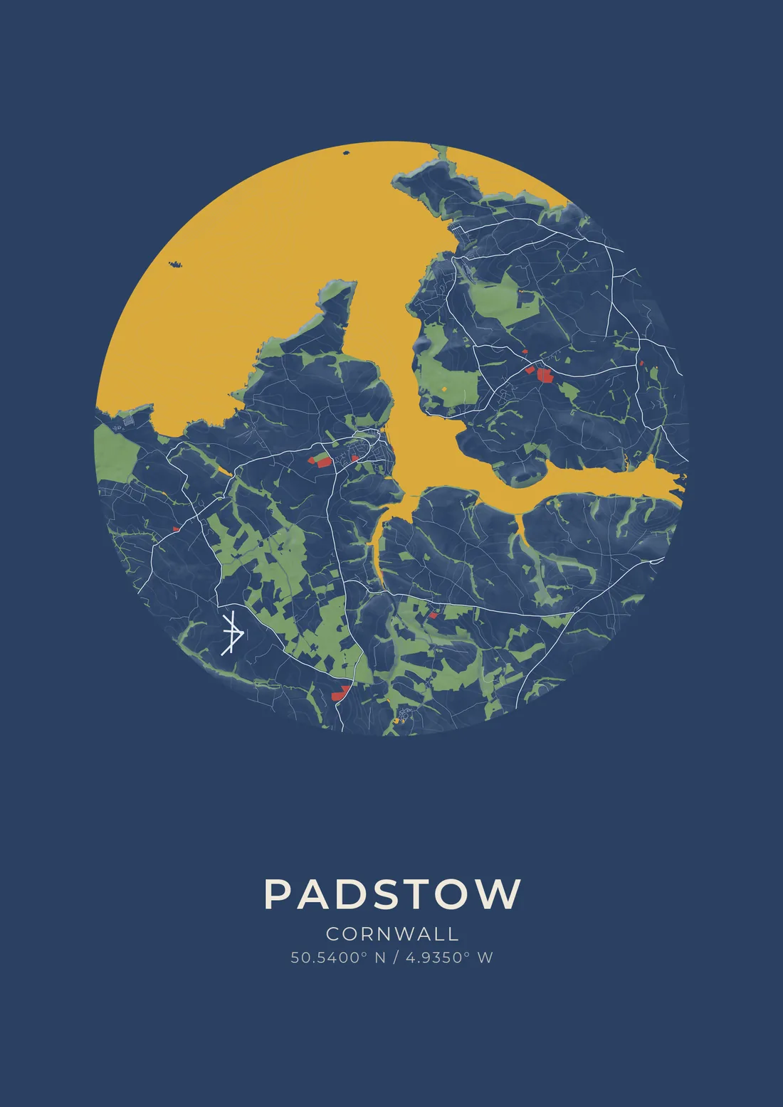 A map artwork of Padstow, Cornwall: the Camel estuary sweeping through the middle in bright gold against deep Prussian blue, inside a circle on paper of the same blue, with green woodland and thin white lanes either side.