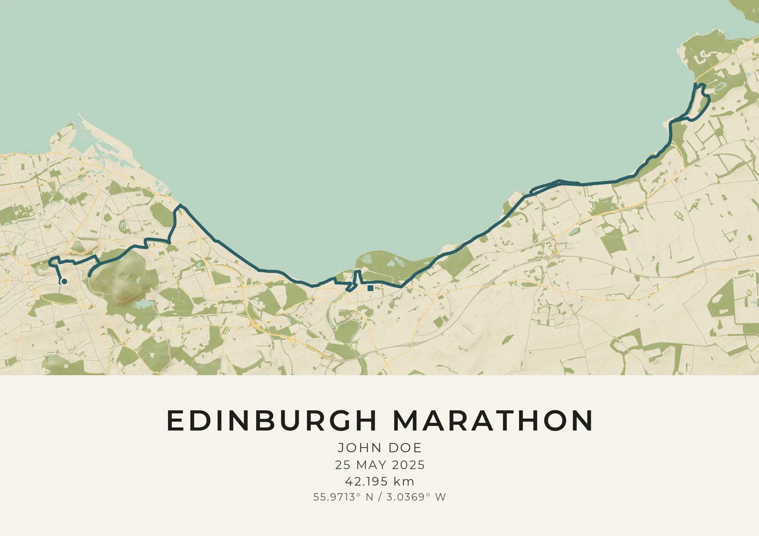 A landscape map artwork of the Edinburgh Marathon course: the route drawn as a dark teal line from the city past Arthur's Seat, down to Portobello and east along the Firth of Forth coast through Musselburgh and Prestonpans and back, on cream ground with olive woods and the sea in pale green, and a sample name, the race day and the distance printed beneath.