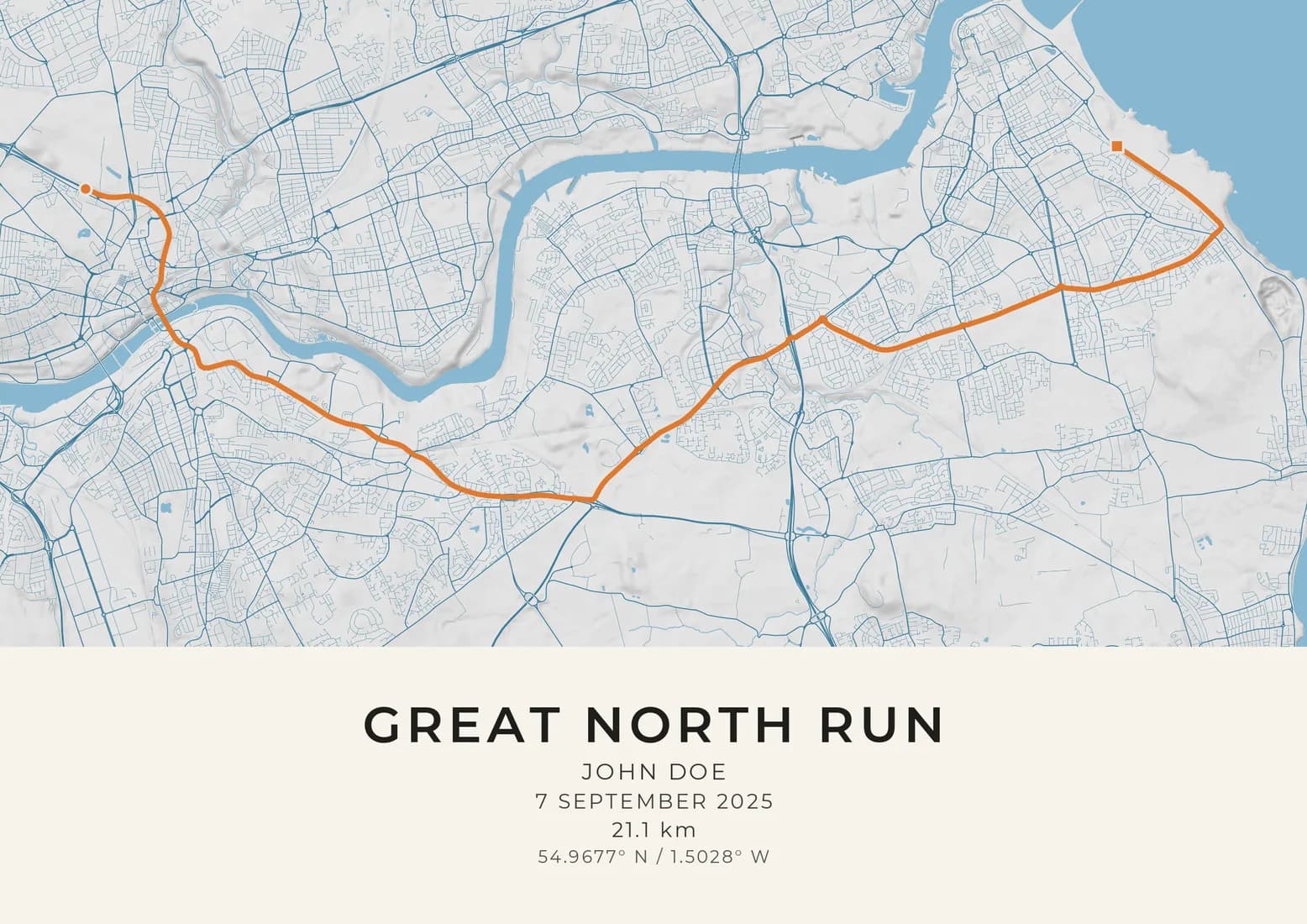 A landscape map artwork of the Great North Run course: the route drawn as an orange line from Newcastle over the Tyne, east through Gateshead and the Tyneside suburbs to the finish on the coast at South Shields, over pale grey ground with blue roads, the river and the sea, and a sample name, the race day and the distance printed beneath.