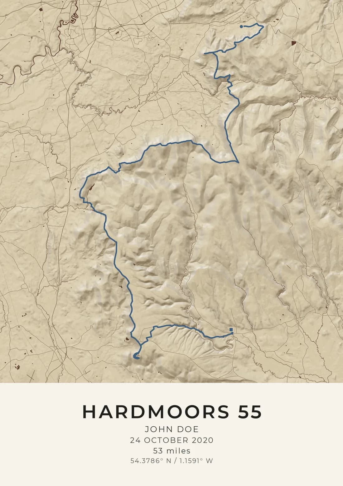 A map artwork of the Hardmoors 55 course: the route drawn as a blue line from Guisborough south along the edge of the North York Moors, round the escarpment and east to the finish at Helmsley, on parchment with the moorland valleys deeply shaded, and a sample name, the race day and the distance printed beneath.