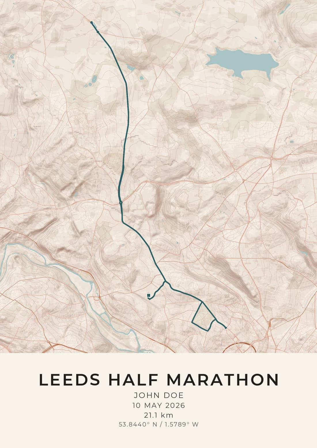 A map artwork of the Leeds Half Marathon course: the route drawn as a dark teal line from Headingley north towards Otley and back, over warm terracotta ground with the hills shaded, red-brown roads, the River Aire to the south-west and a reservoir to the north-east, and a sample name, the race day and the distance printed beneath.