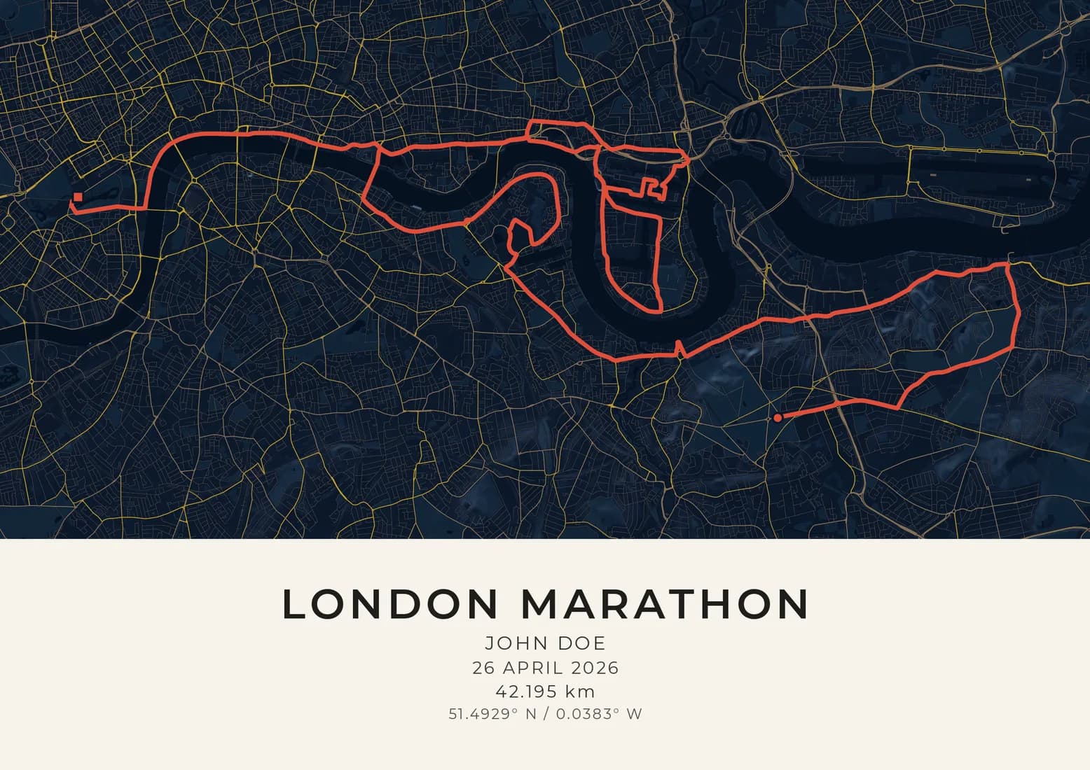 A landscape map artwork of the London Marathon course: the route drawn as a coral line from the start at Greenwich, east through Woolwich, back west along the river, round the Isle of Dogs and on along the Embankment to the finish by St James's Park, over navy streets with the Thames winding through, and a sample name, the race day and the distance printed beneath.