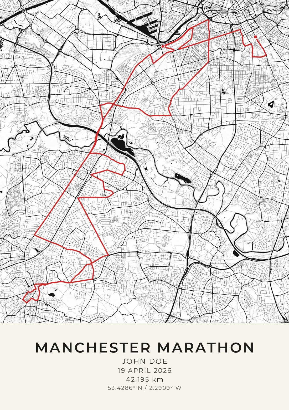 A map artwork of the Manchester Marathon course: the route drawn as a red line through Old Trafford, south through Stretford and Sale towards Altrincham and back, over crisp black and white streets with the Mersey and the canals in black, and a sample name, the race day and the distance printed beneath.
