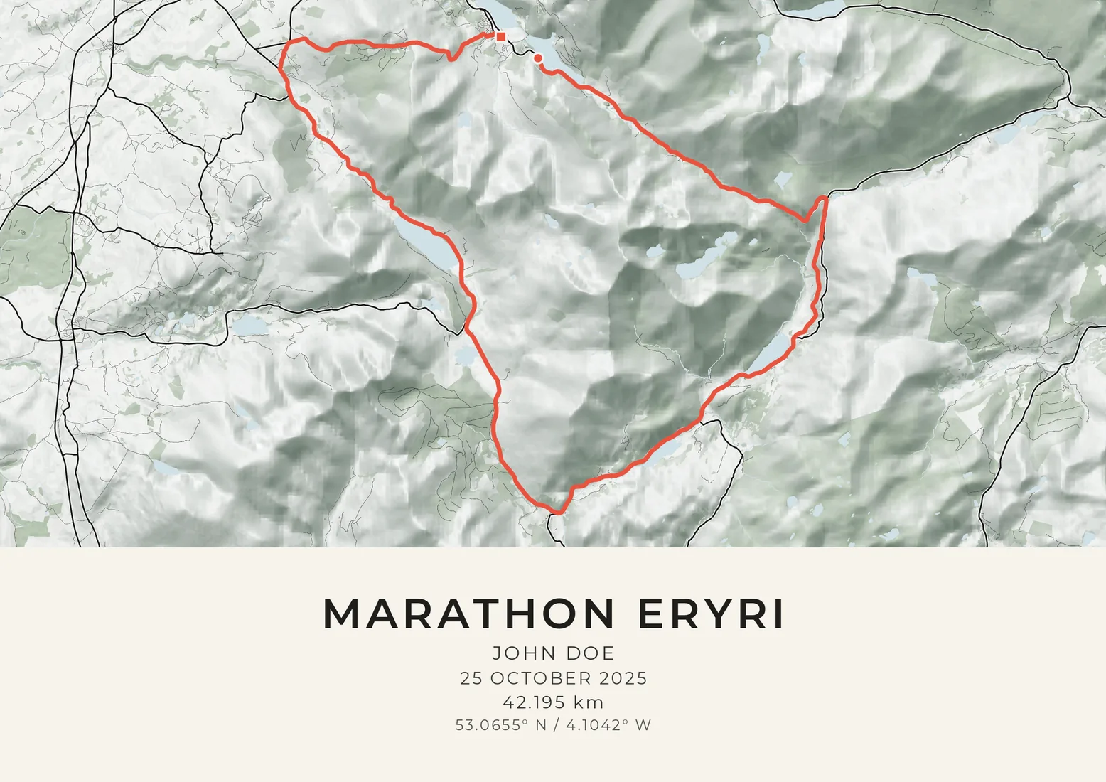 A landscape map artwork of the Marathon Eryri course: the route drawn as a coral line in one big loop from Llanberis over the passes and round the mountains of Snowdonia, on pale ground with the peaks shaded in sage green, the lakes in pale blue and the valley roads in black, and a sample name, the race day and the distance printed beneath.