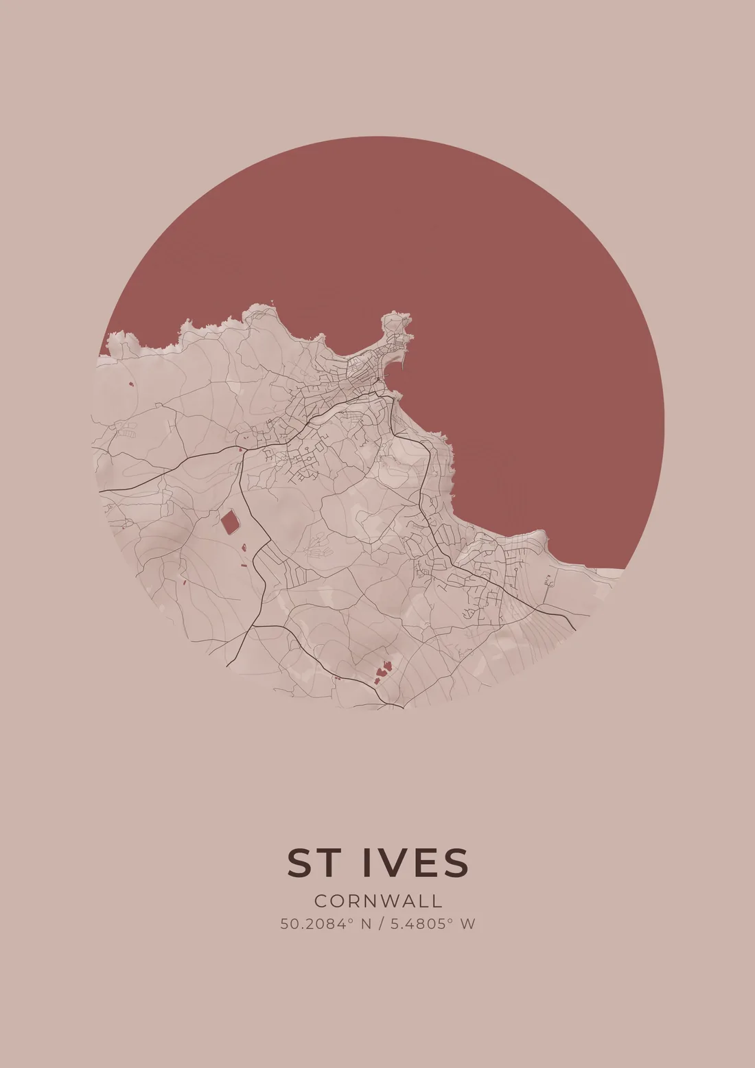 A map artwork of St Ives, Cornwall: the headland and harbour in pale linework inside a circle, the sea filling the upper half as a block of deep red, on dusky rose paper.