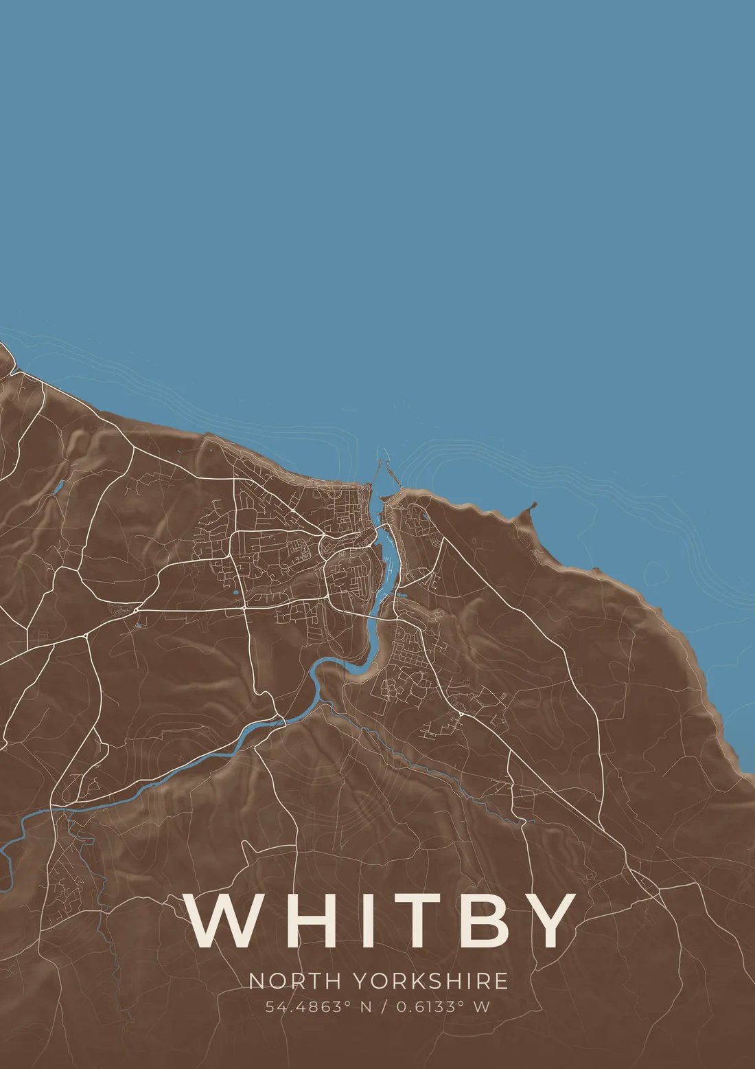 A map artwork of Whitby, North Yorkshire: the coastline running corner to corner with the sea a flat blue above and the land a deep sea-brown below, the River Esk cutting inland through the town and the lanes picked out in white.