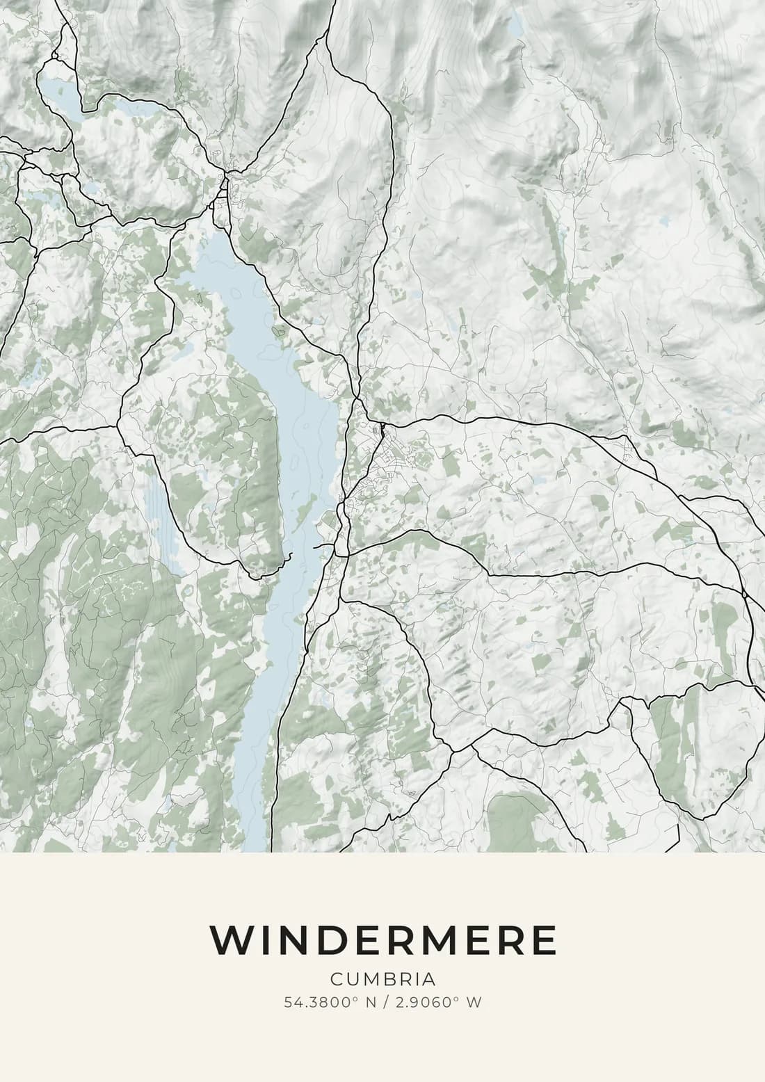 A map artwork of Windermere, Cumbria: the lake running the length of the sheet in pale blue between sage-green fells, the map filling the full width above a band of plain paper.