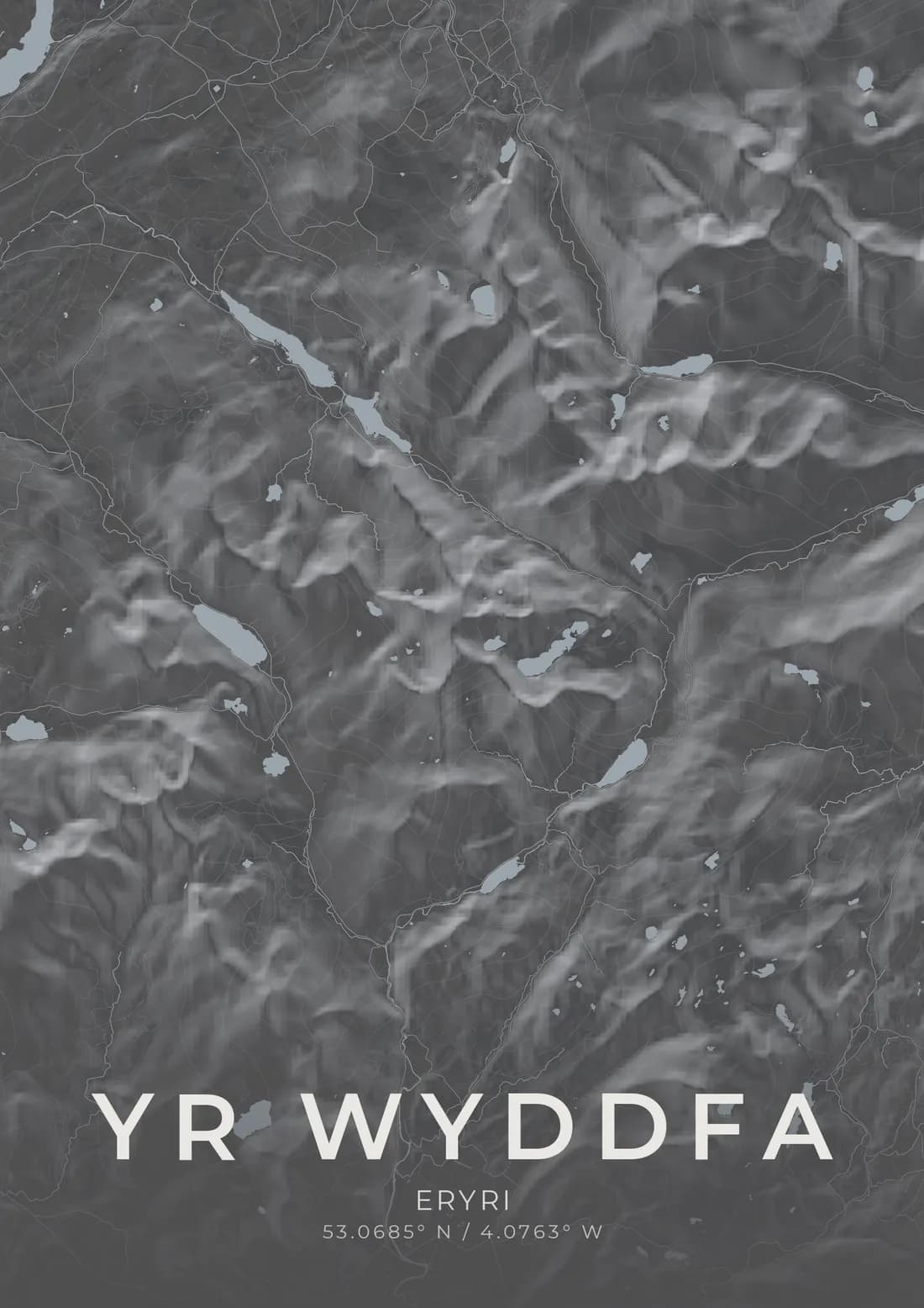 A map artwork of Yr Wyddfa in Eryri: the mountain and its ridges rendered as pure grey landform from the elevation model, edge to edge, with the lakes below it.