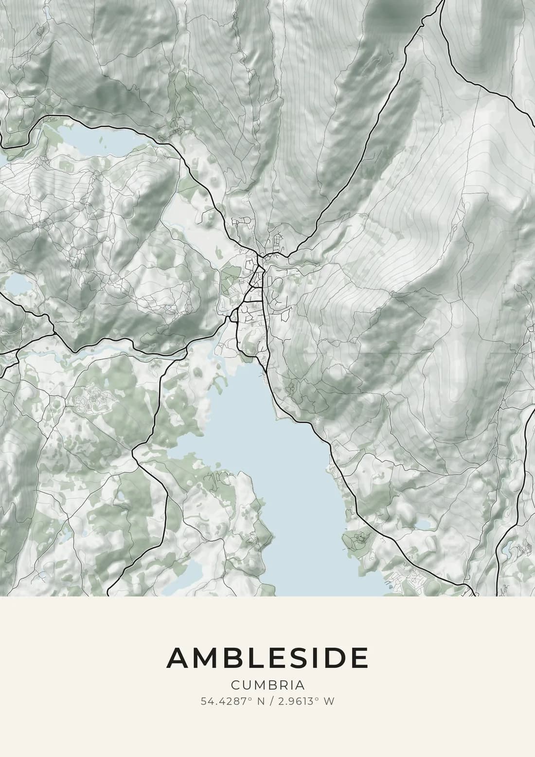 A map artwork of Ambleside, Cumbria, in the Sage & ink style.