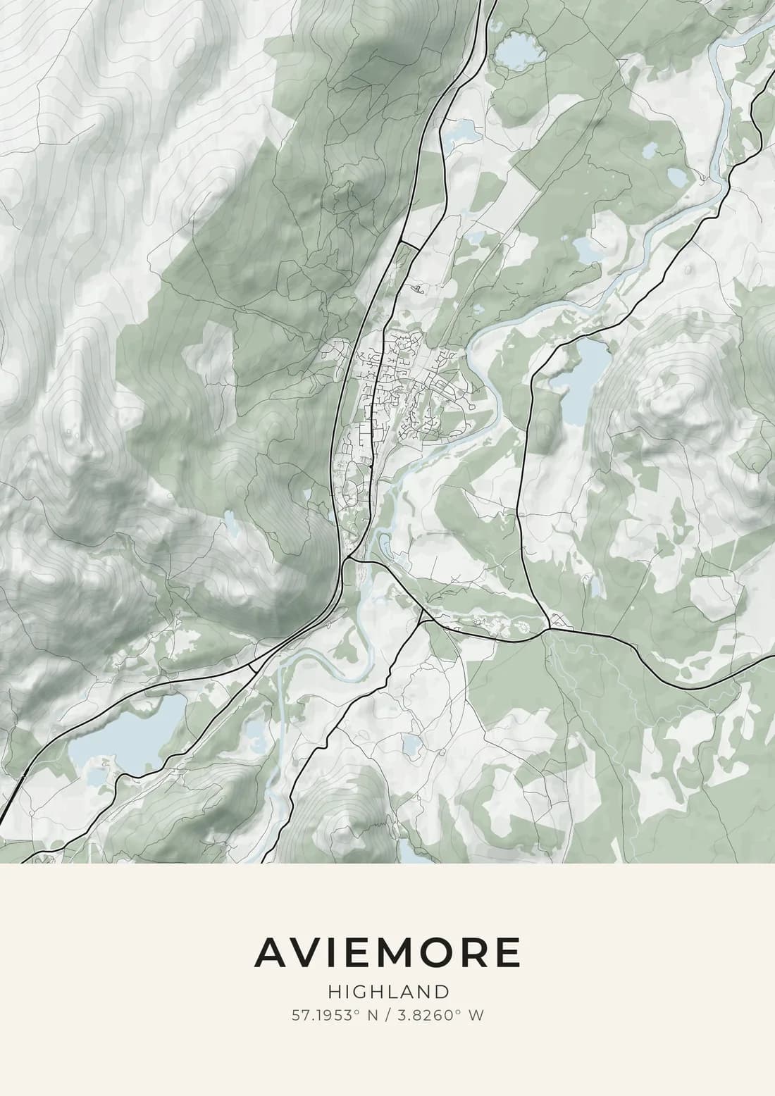 A map artwork of Aviemore, Highland, in the Sage & ink style.