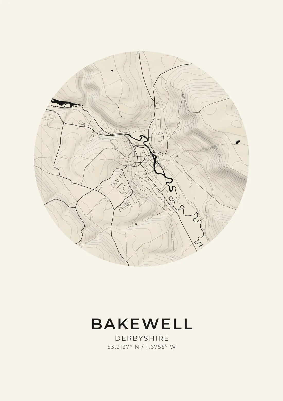 A map artwork of Bakewell, Derbyshire, in the Ivory ink style.
