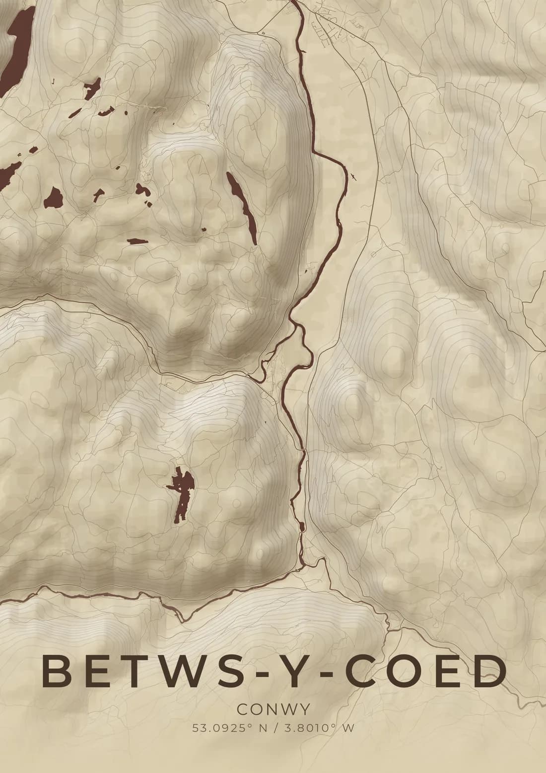 A map artwork of Betws-y-Coed, Conwy, in the Parchment style.