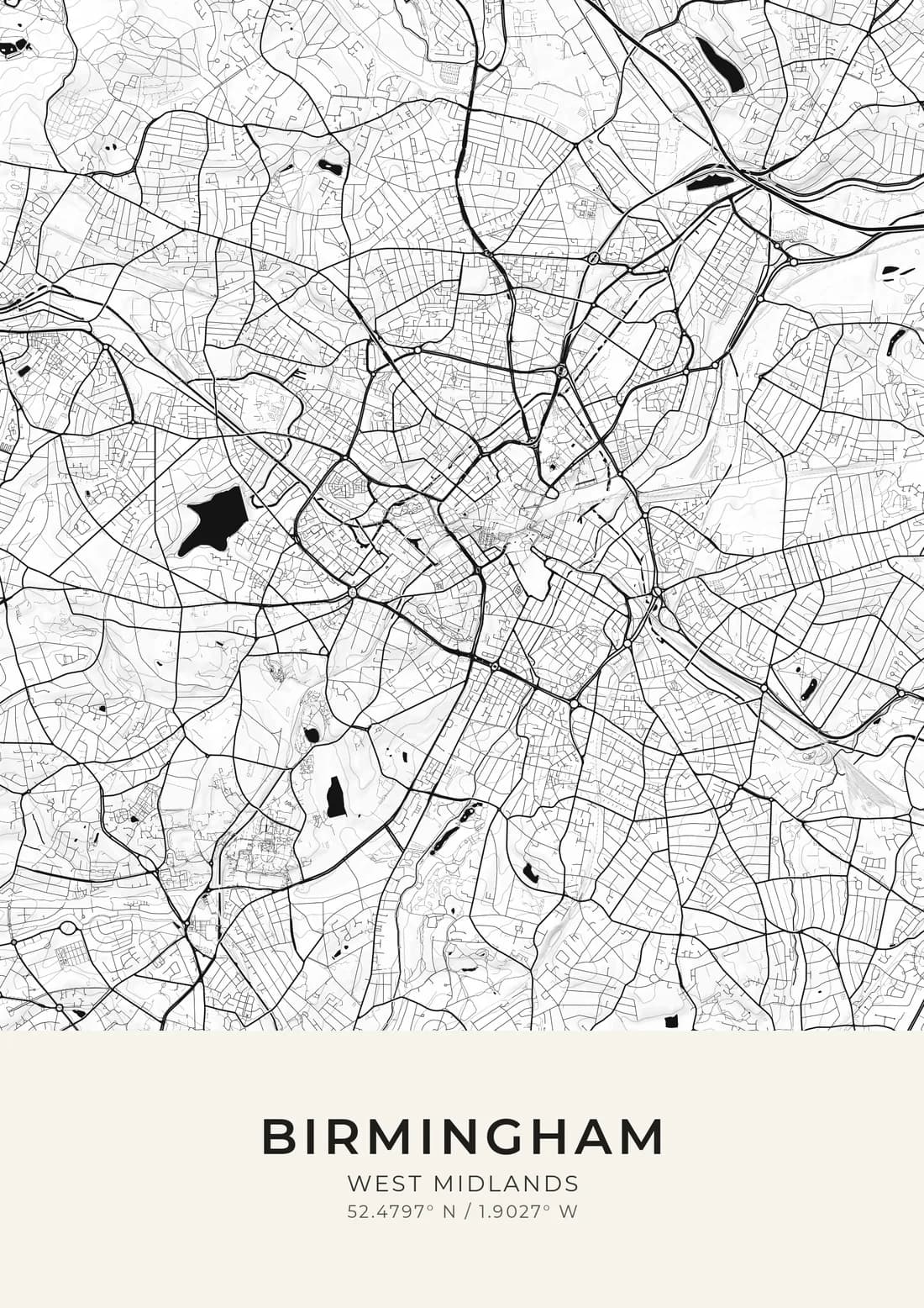 A map artwork of Birmingham, West Midlands, in the Carbon style.