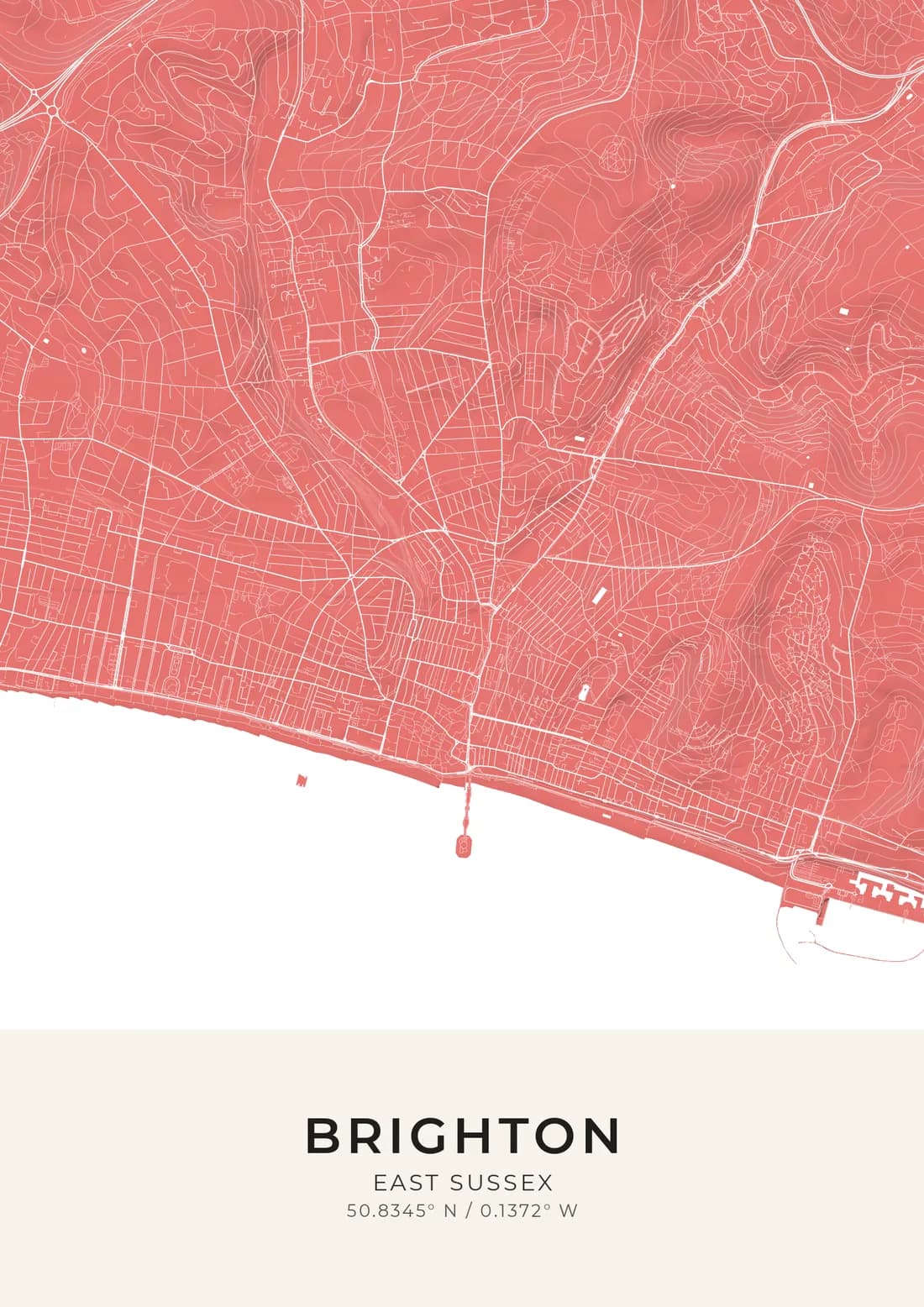 A map artwork of Brighton, East Sussex, in the Flamingo style.