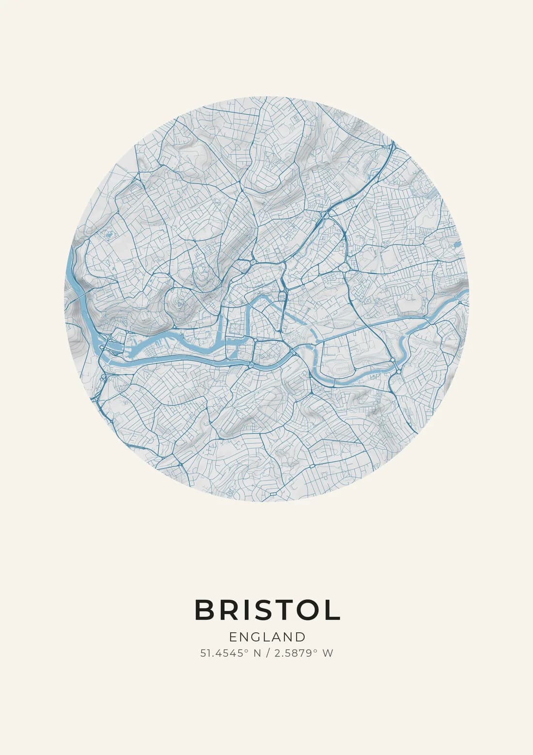 A map artwork of Bristol, England, in the Harbour style.