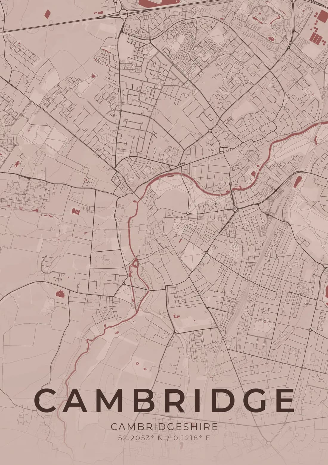 A map artwork of Cambridge, Cambridgeshire, in the Merlot style.