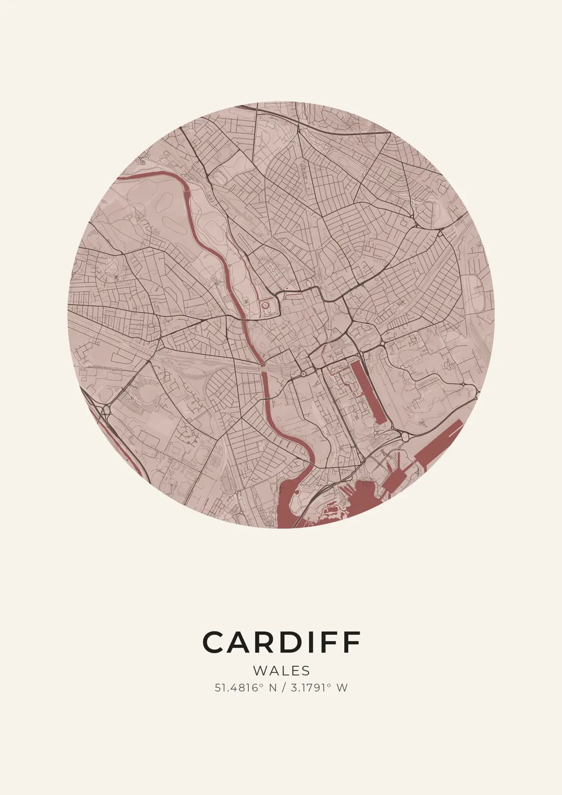 A map artwork of Cardiff, Wales, in the Merlot style.