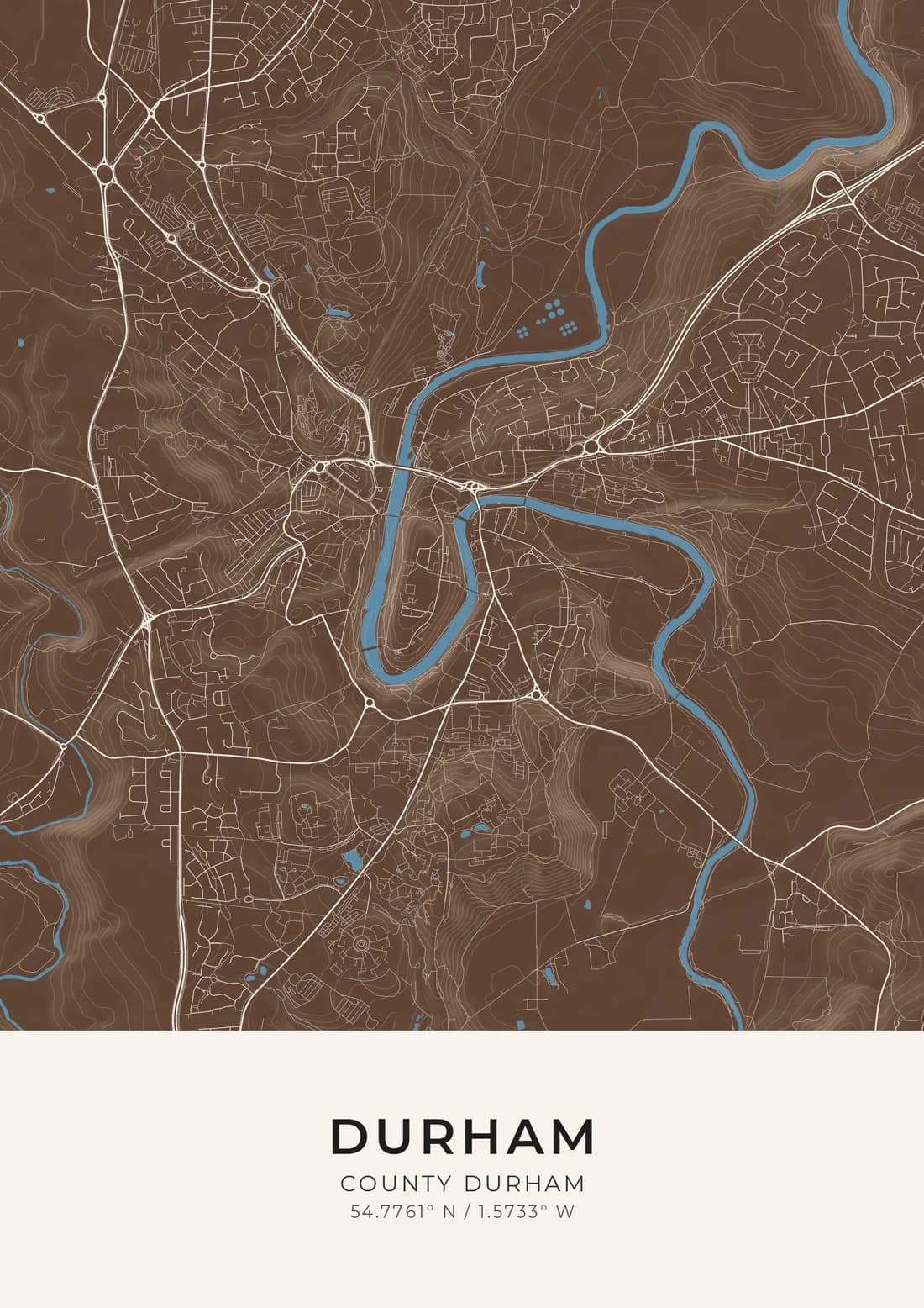 A map artwork of Durham, County Durham, in the Seabrown style.