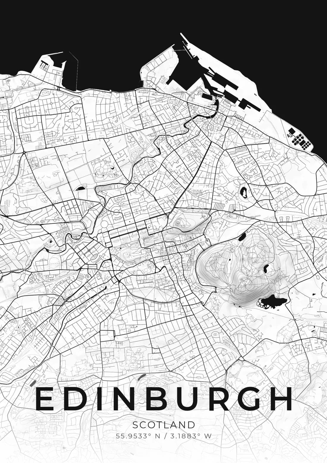 A map artwork of Edinburgh, Scotland, in the Carbon style.