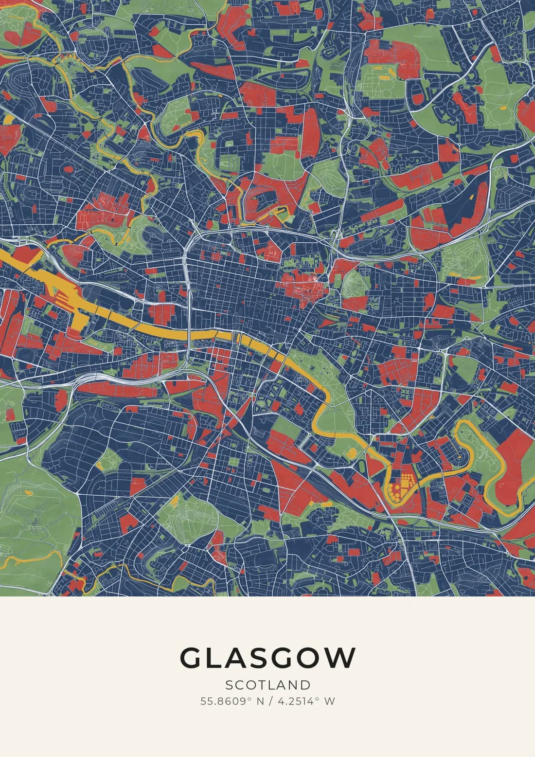 A map artwork of Glasgow, Scotland, in the Prussian style.