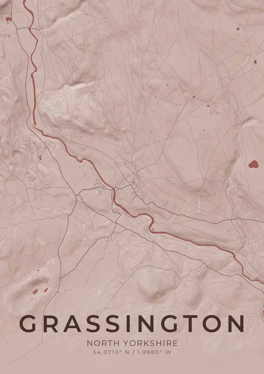 A map artwork of Grassington, North Yorkshire, in the Merlot style.