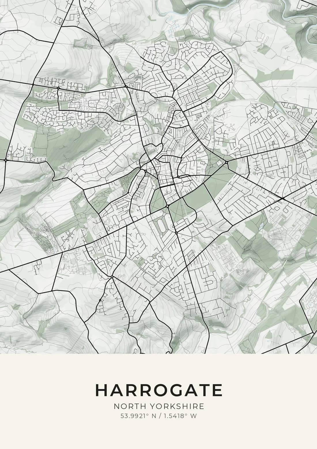 A map artwork of Harrogate, North Yorkshire, in the Sage & ink style.