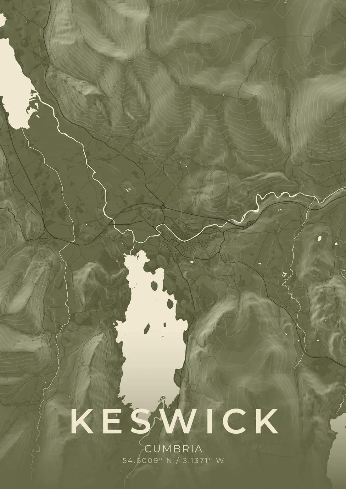 A map artwork of Keswick, Cumbria, in the Olive style.